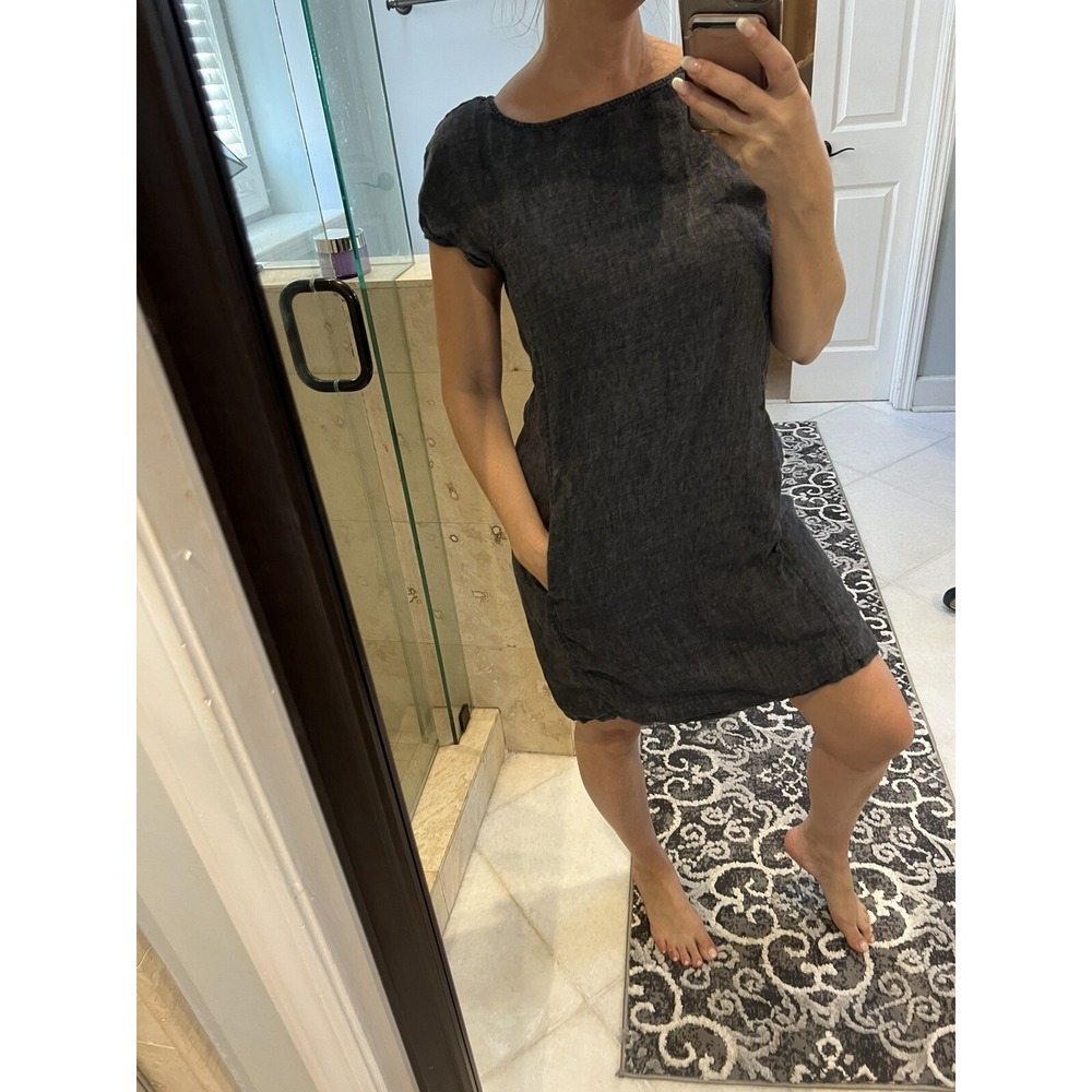 Eileen Fisher Graphite Grey Linen Tunic Shift Dress Pockets Sz S Made in Italy
